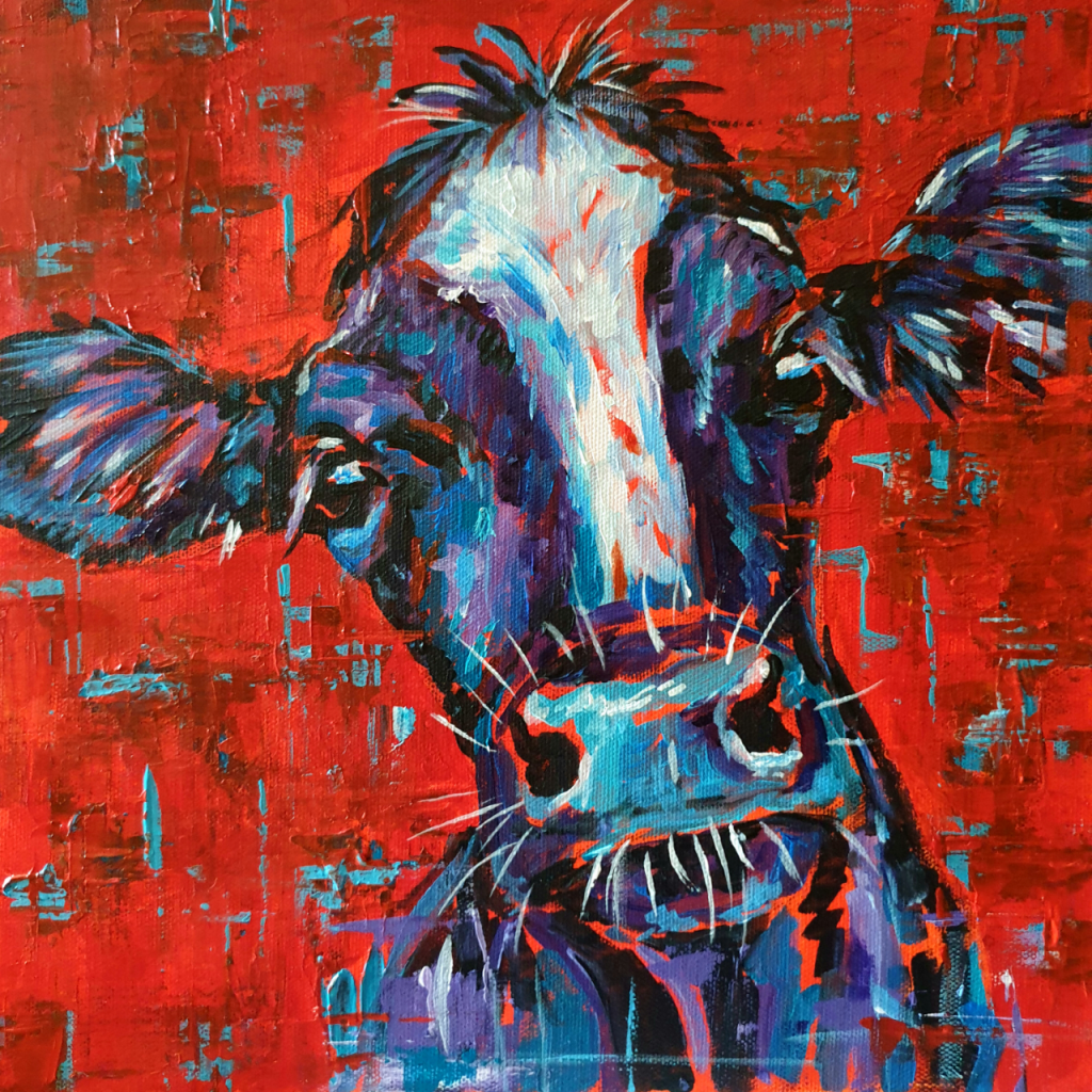 Cow portrait in acrylics, paintied with a palette knife and thick brush. Reds, teal, blue and purples used and on deep edge canvas