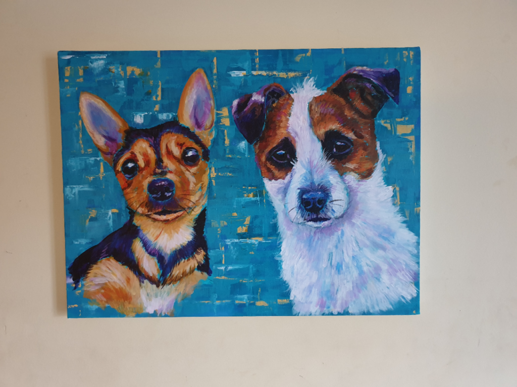 Pet portrait, acrylic on canvas. My two dogs Luke and Maggie 