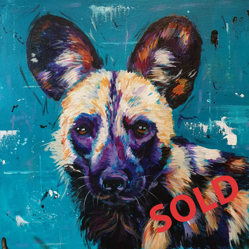 African wild dog portrait in acrylics by wildlife artist and pet portrait sarah leigh