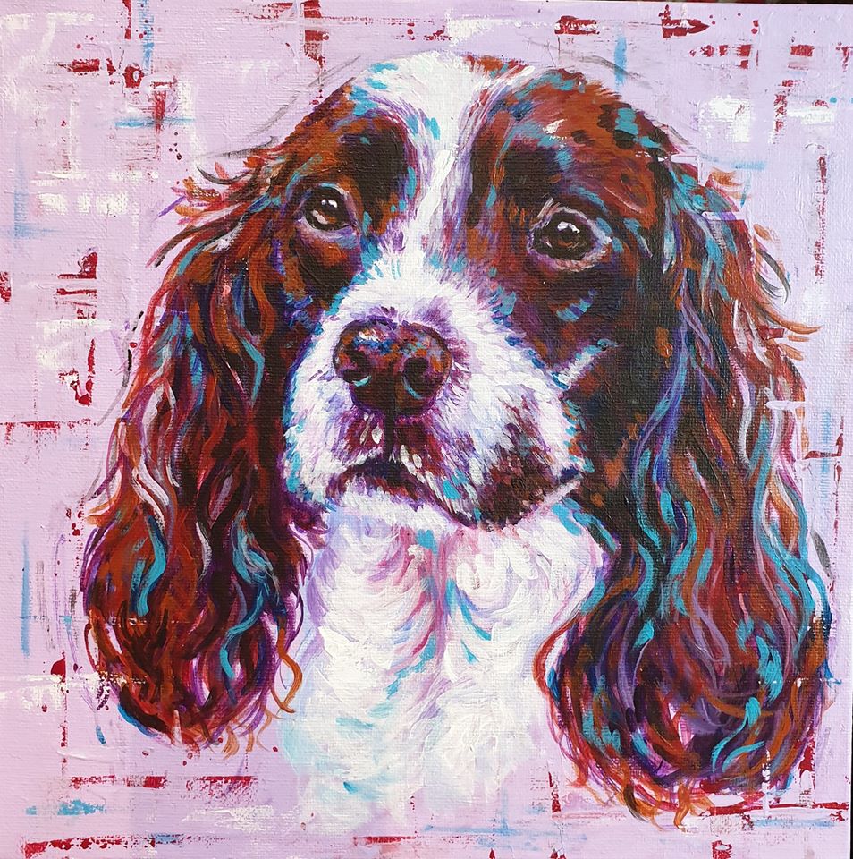 Dog portrait in acrylics of a springer spaniel by pet portrait artist Sarah Leigh